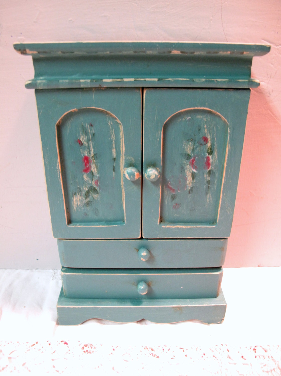 Vintage Wood jewelry Box, Distressed Florence Aqua, Gift