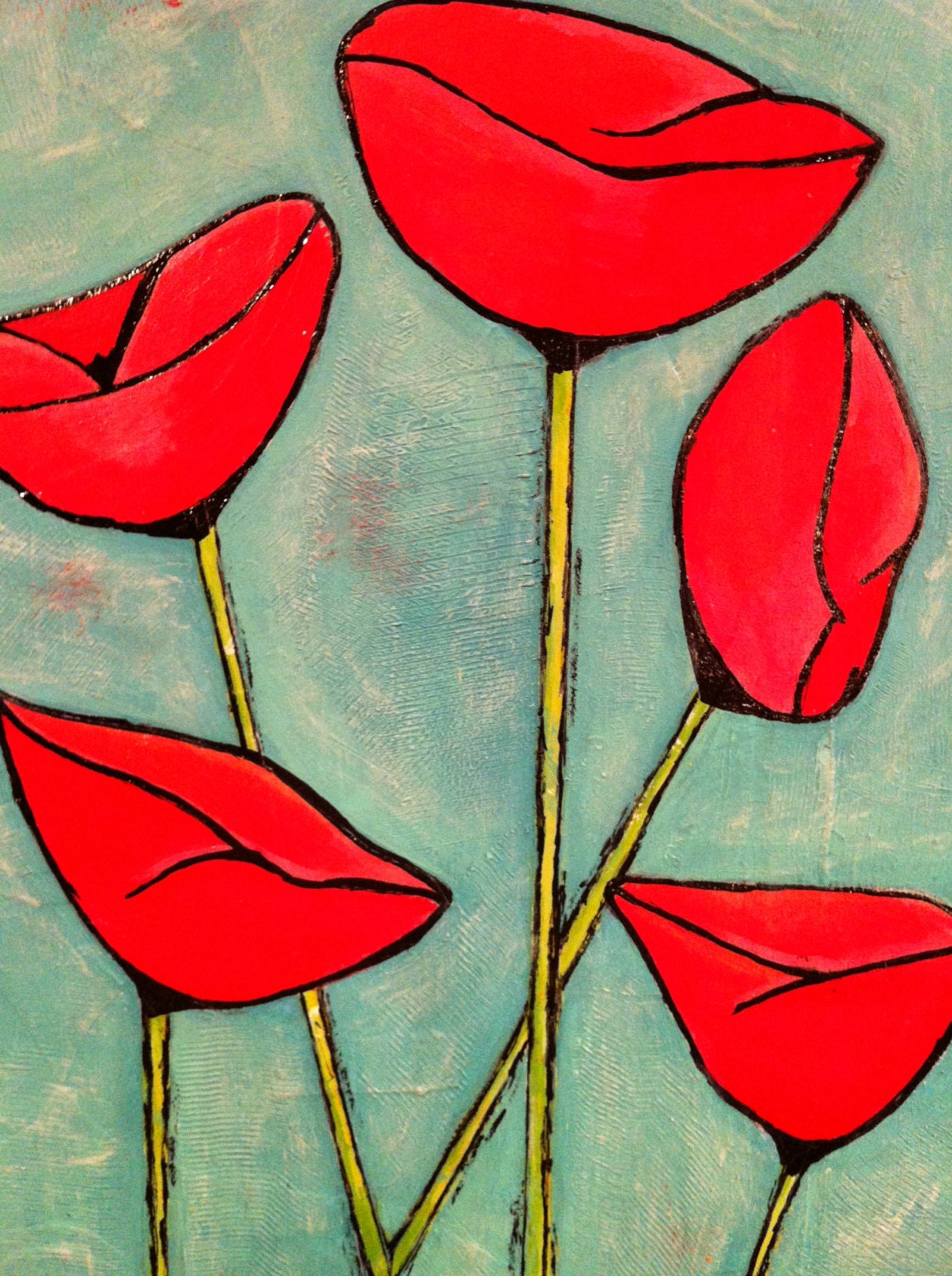 Original Mixed Media on Canvas - Folk Art "Poppies"
