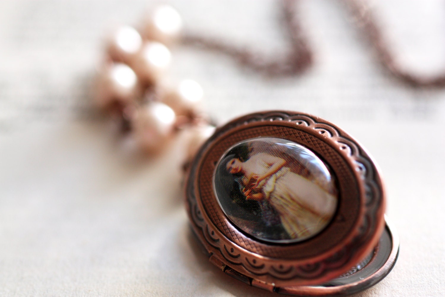 Locket Necklace. Cameo Locket. Vintage Cameo Jewelry with Pink Pearls. Regency Jewelry - Pandora's Box