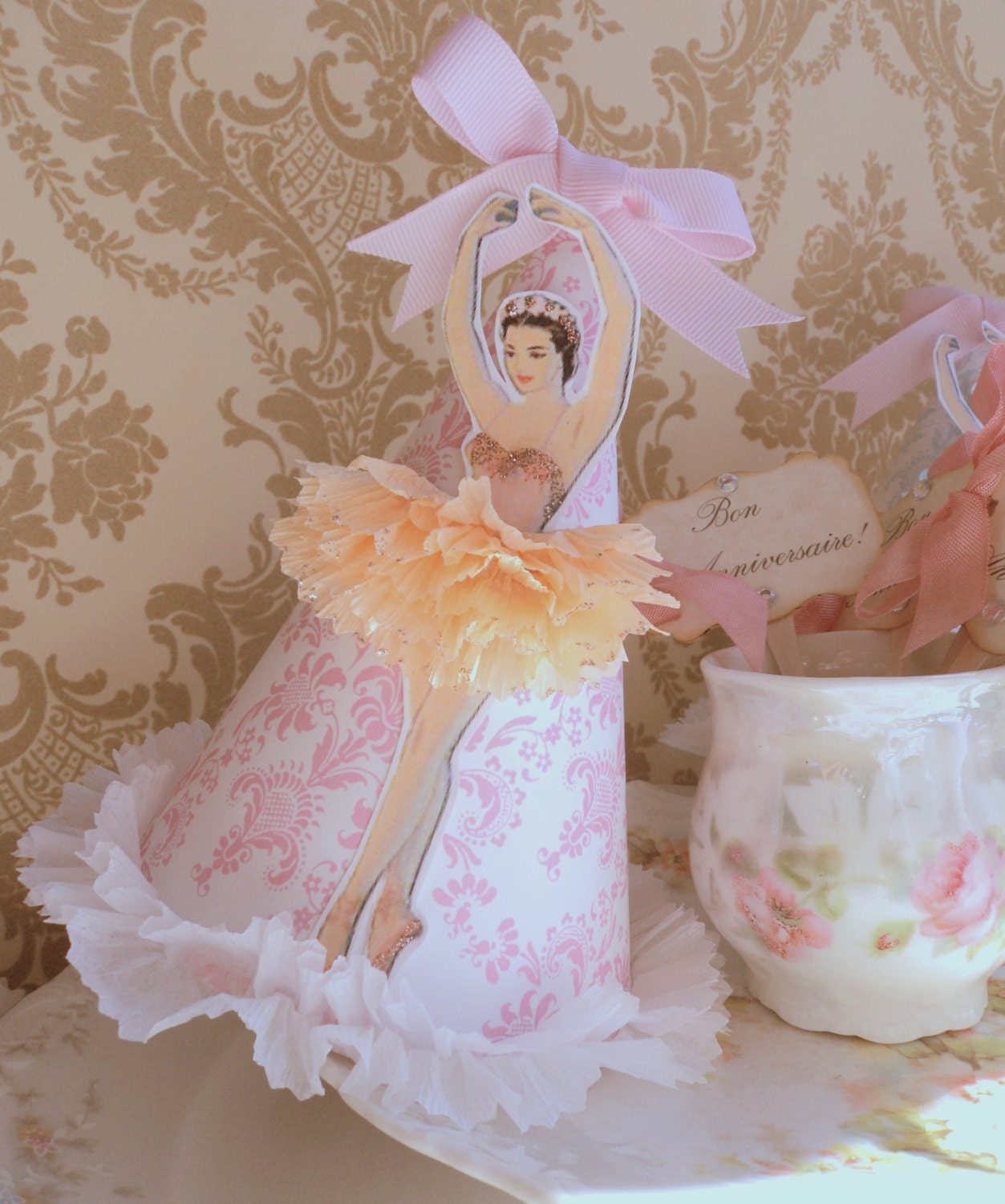 En Pointe. Six Ballerina Doll Birthday Hats in Multi Pastels and Damask