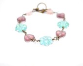Heart Bracelet, Flower Bracelet, Pastel Purple Blue Pink Mulit Color, Antiqued Brass Wire Wrapped Bracelet Spring Fashion Love