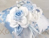 Bridal Ring Bearer Pillow in Blue and White with Japanese Silk, Satin, Pearls and Jewels- SALE