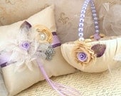 Bridal Ring Bearer Pillow and Flower Girl Basket Set in Champagne, Purple and Lilac with Dupioni Silk