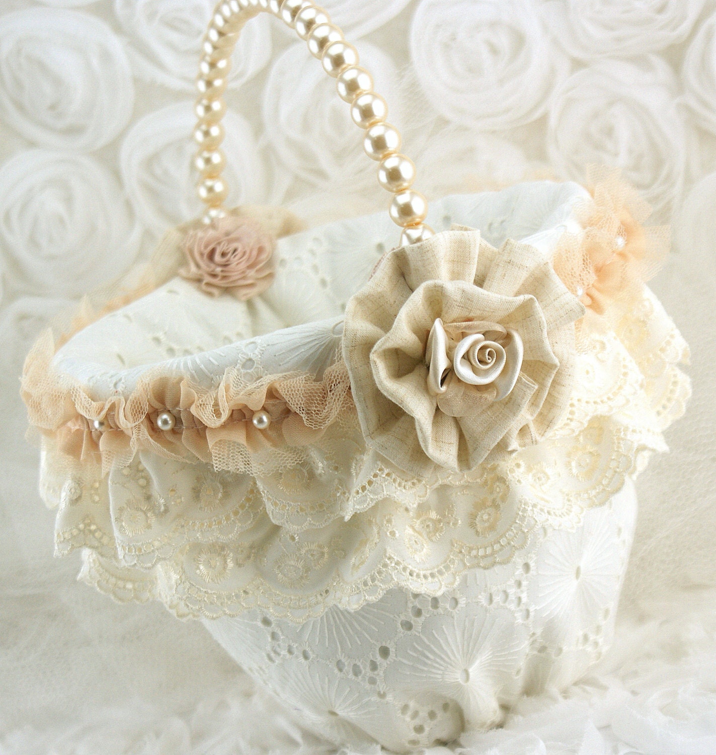 Flower Girl Basket - Bridal Basket in Ivory, Nude and Champagne with Linen and Pearls - Vintage Inspired
