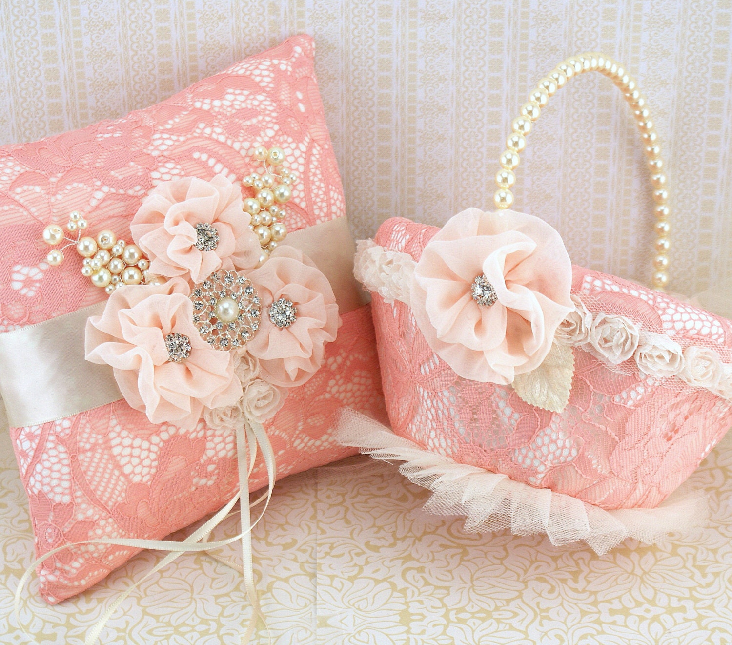 Bridal Ring Bearer Pillow and Flower Girl Basket Set in Coral, Peach and Ivory with Lace, Chiffon, Jewels and Pearls - Vintage Inspired
