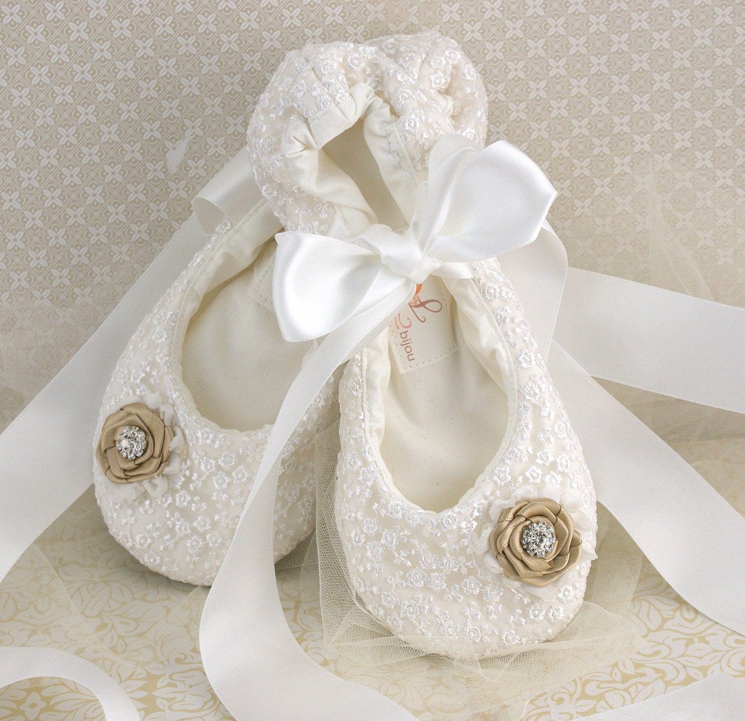 Ballet Slippers Bridal Flats in White and Champagne with Crystal Jewels