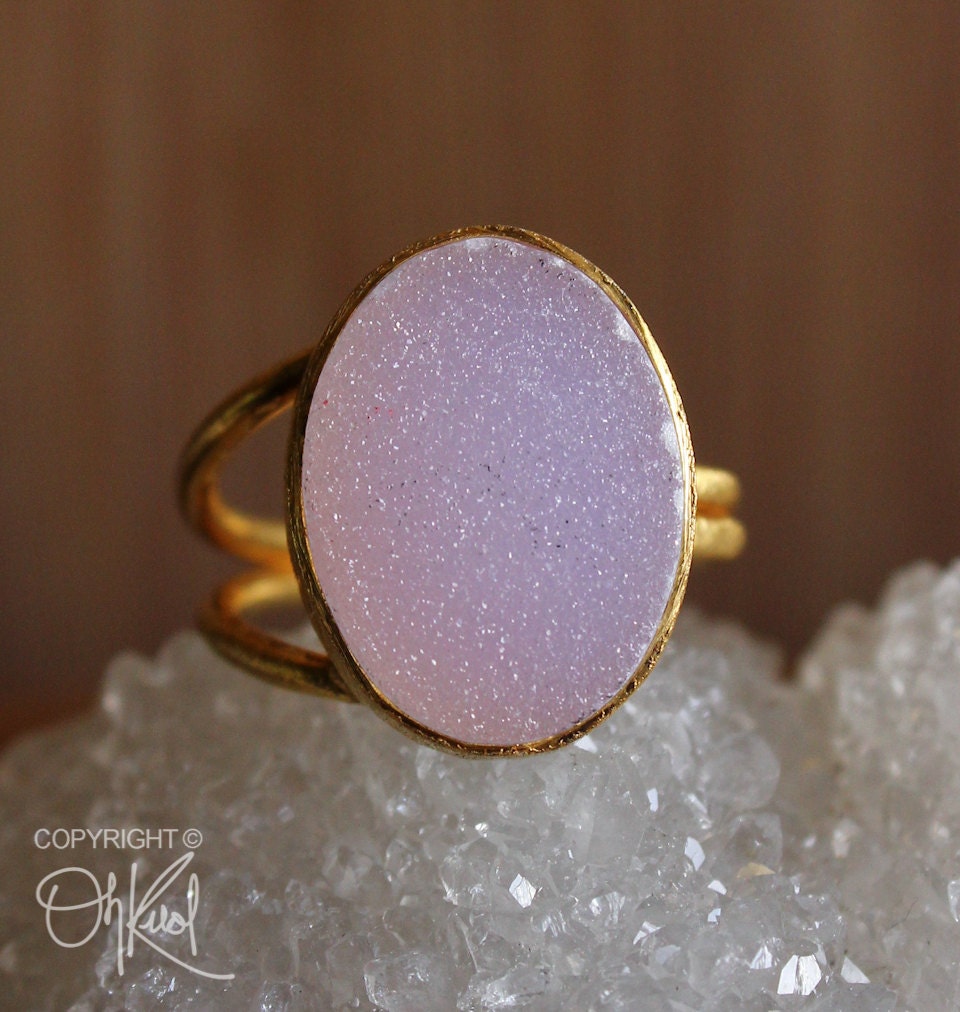 Pink Agate Druzy Gemstone Ring - Adjustable Ring - Gummy Pink