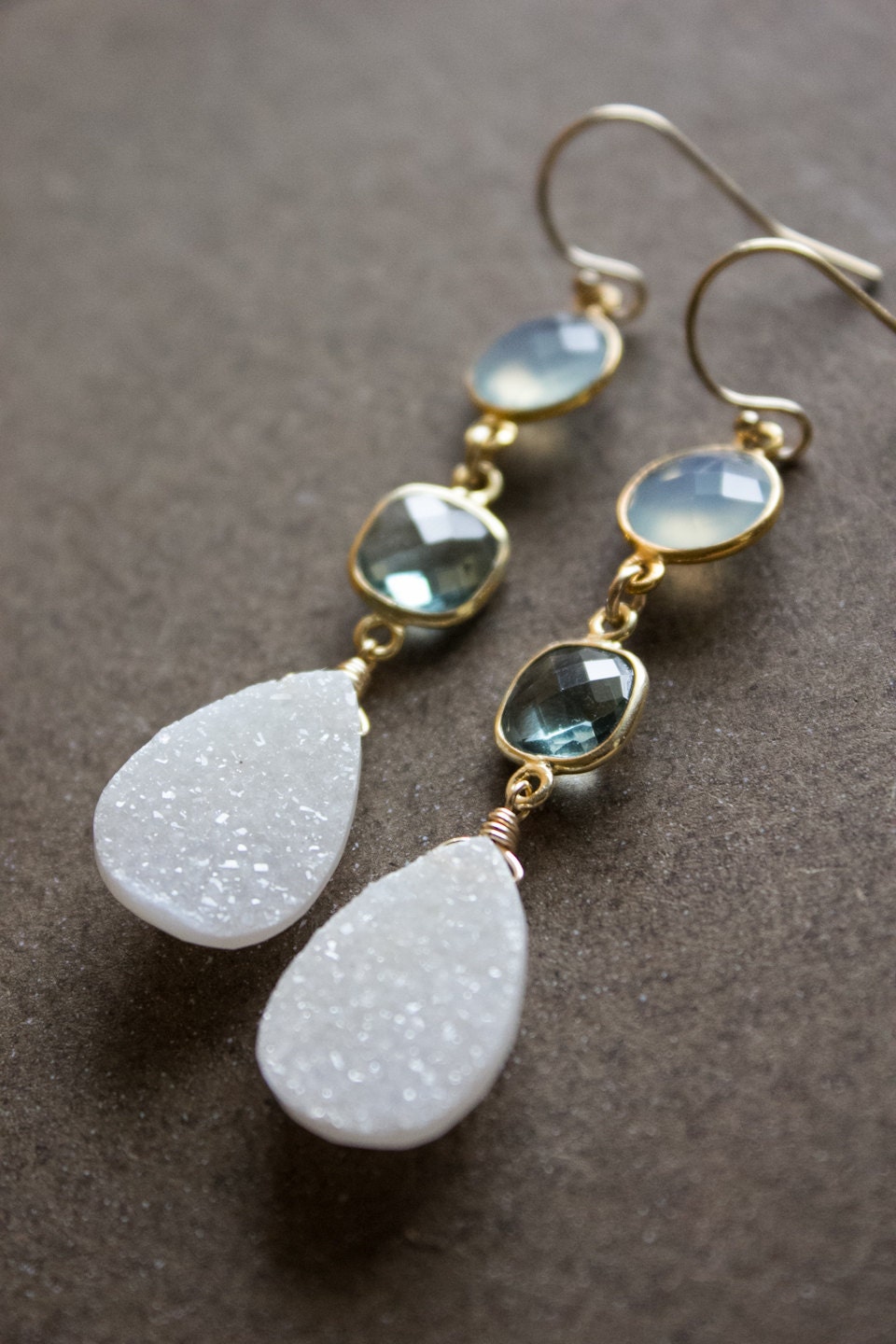 Gold Aqua Chalcedony, Teal Quartz, and White Druzy Dangle Earrings - 14K Gold Fill - Long Earrings