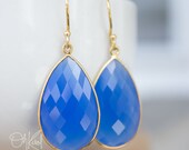Gold Blue Chalcedony Teardrop Earrings - Gemstone Earrings - Sky Blue Stone