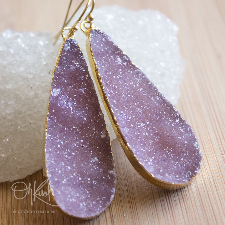 Lilac Amethyst Druzy Slice Earrings - Long Teardrop Earrings - 14K Gold Fill