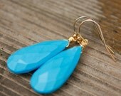 Memorial Day SALE Sleeping Beauty Turquoise Gemstone Earrings - Wire Wrapped Earrings - 14KT Gold Fill