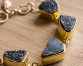 Memorial Day SALE Gold Black Agate Druzy Bracelet - Toggle Bracelet - Different Shapes