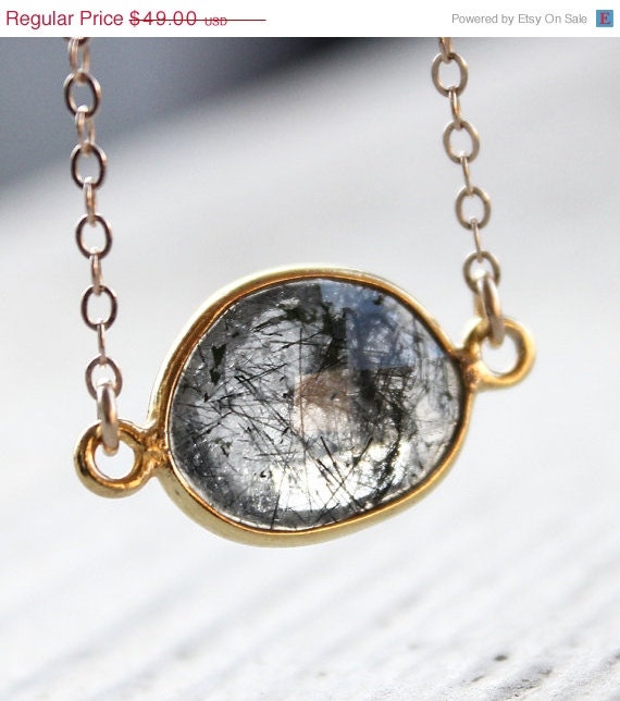 Memorial Day SALE Gold Tourmalinated Quartz Necklace - Black Rutilated Quartz - Bezel
