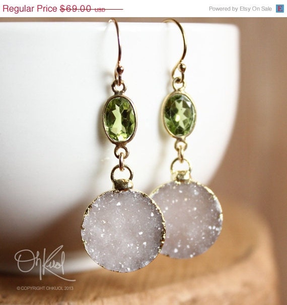 SALE 15 OFF Natural Grey Druzy and Green Peridot Gemstone Earrings - 14K Gold Fill - August Birthstone