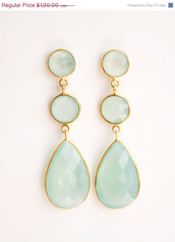 Memorial Day SALE Glowing Aqua Blue Chalcedony Drop Earrings - Mint Green, Sea Foam Green - Shades of Summer