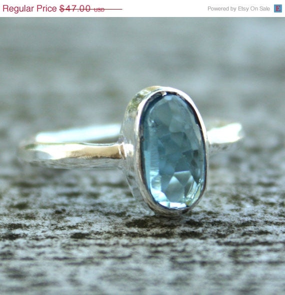 CLEARANCE SALE London Blue Topaz Ring - ORGANIC Shape - Sterling Silver, Stacking Ring