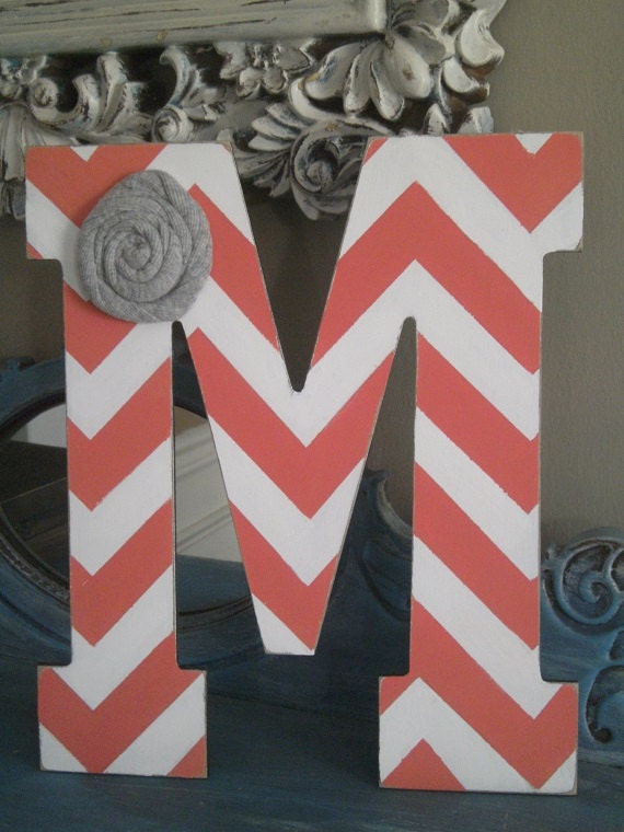 Adorable Coral and White Chevron Large Letter Initial with Grey Embellishment