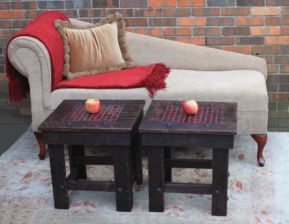 Side Table / Bunching Table with Mosaic Tile Centerpiece, "Organic Red", Reclaimed Wood, Dark Brown Finish - Handmade