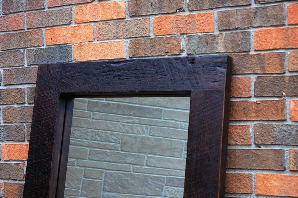 Framed Floor Mirror, Reclaimed Wood, Chunky Frame, Java Finish, 26 x 70 - Handmade