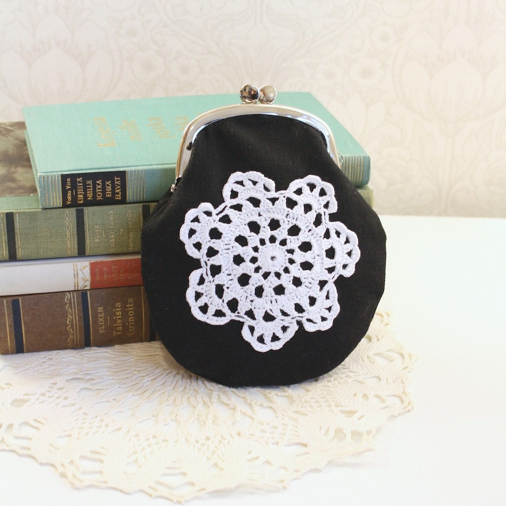 coin purse with vintage lace, black linen