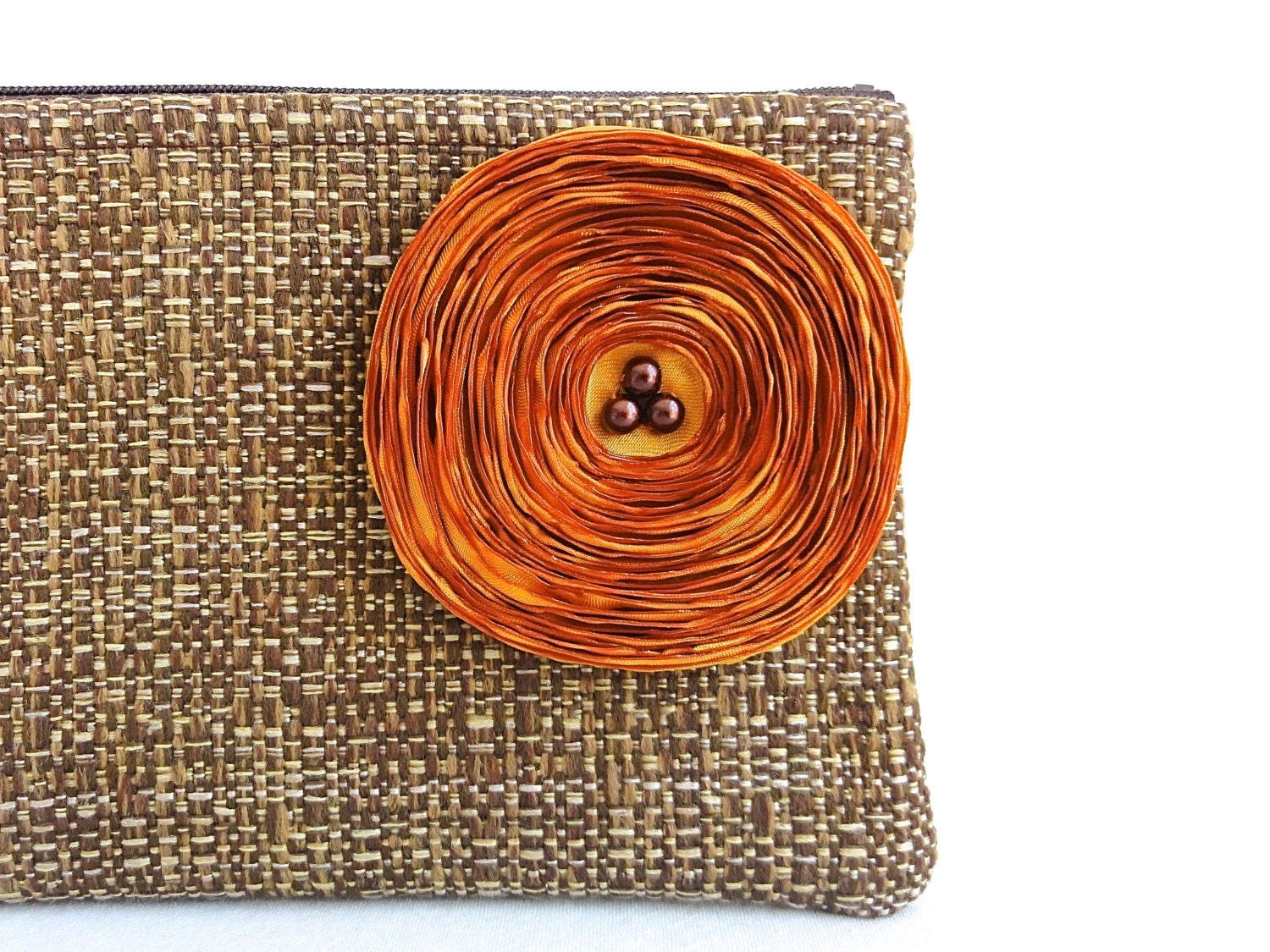 Chocolate Brown Clutch Handbag with Burnt Orange Satin Flower