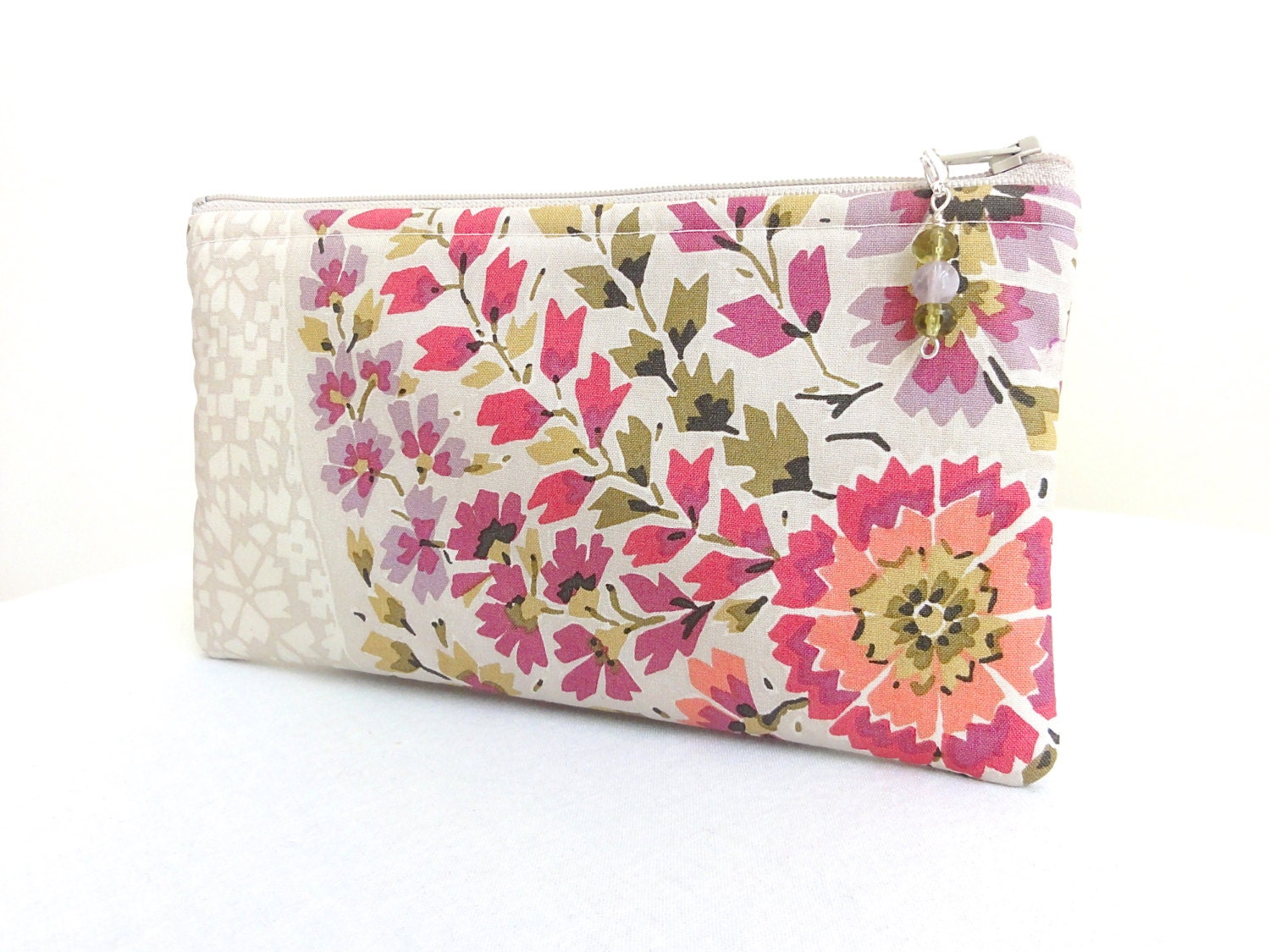 Magenta Pink Olive Green Zippered Bag / Beaded Pull