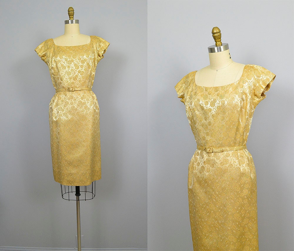 1950s Dress / 50s Gold Lame Brocade Bombshell Wiggle Cocktail Party Dress with Jacket