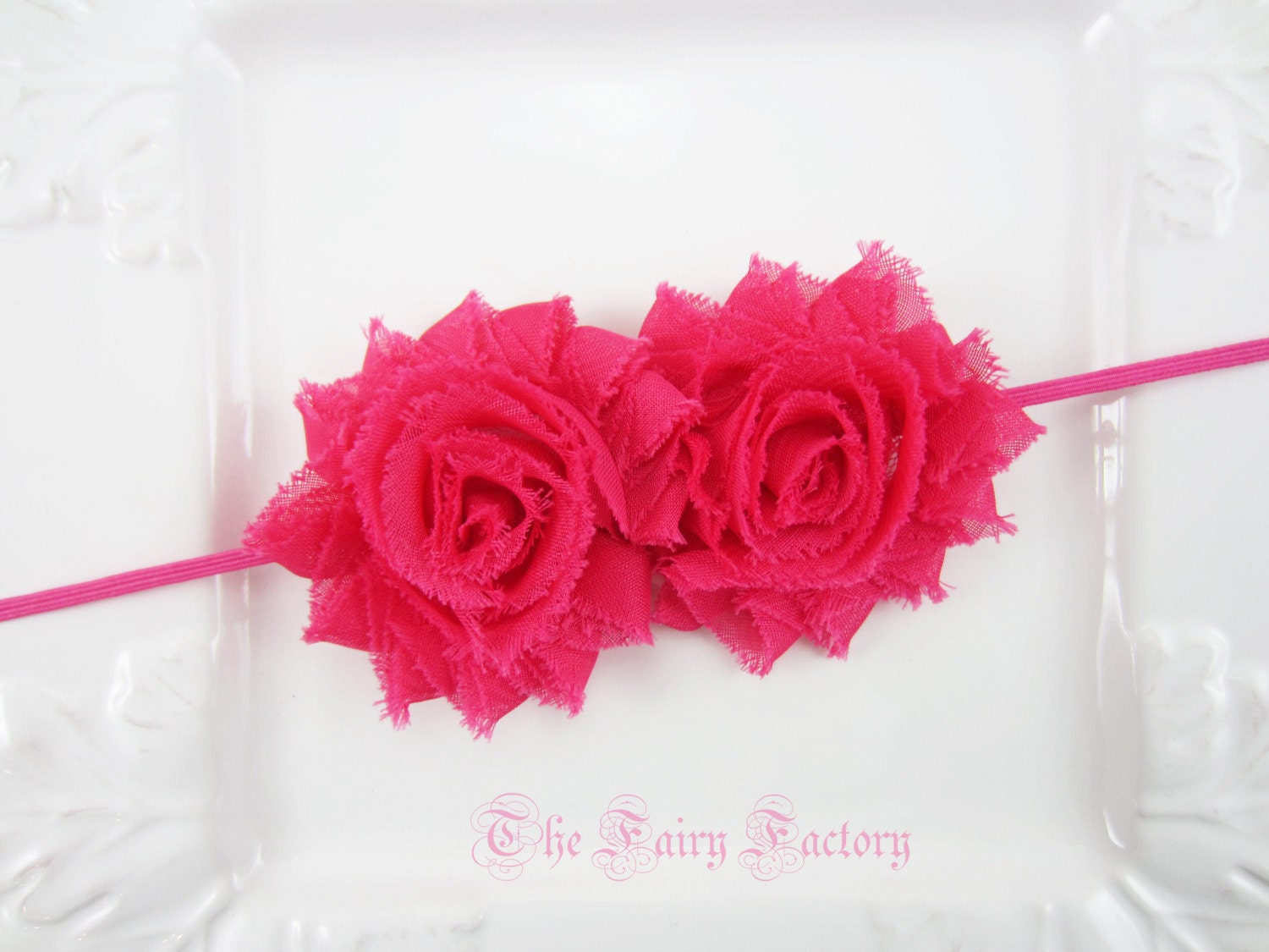 Hot Pink Flower Headband - Hot Pink Chiffon Rosettes Duo Stretchy Hot Pink Headband - Baby Child Toddler Girls Headband