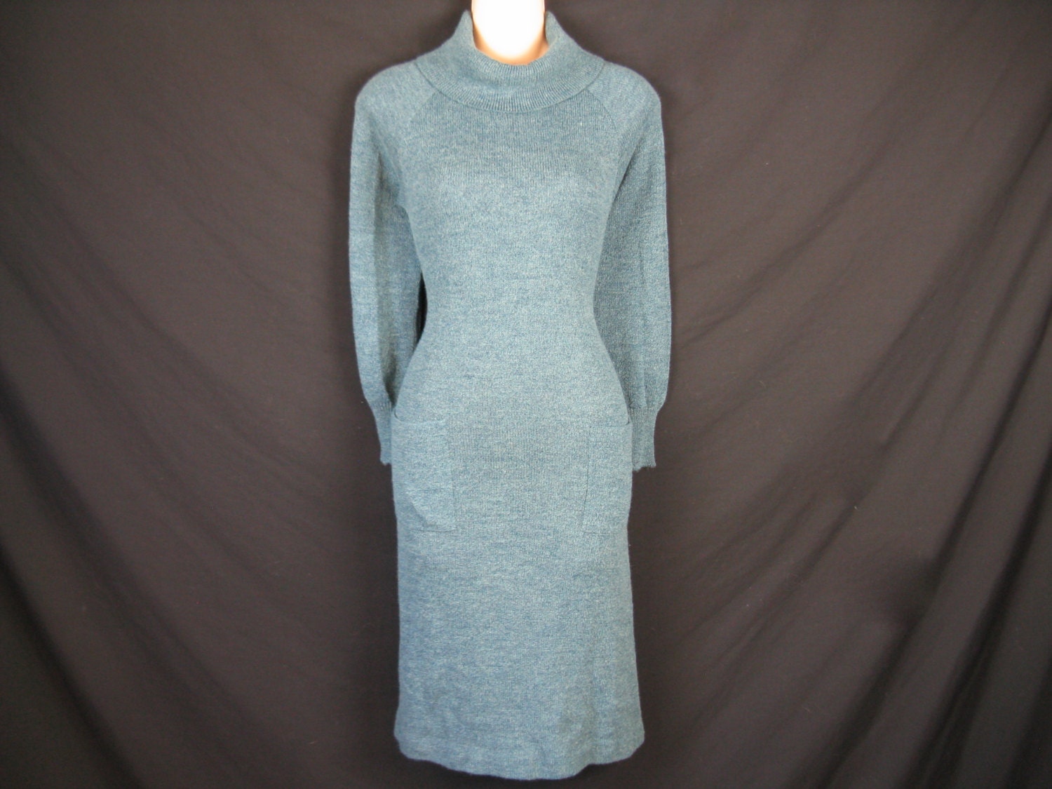 1970's teal sweater dress. wool knit wiggle. cowl neck. hetzendorf. medium / large.