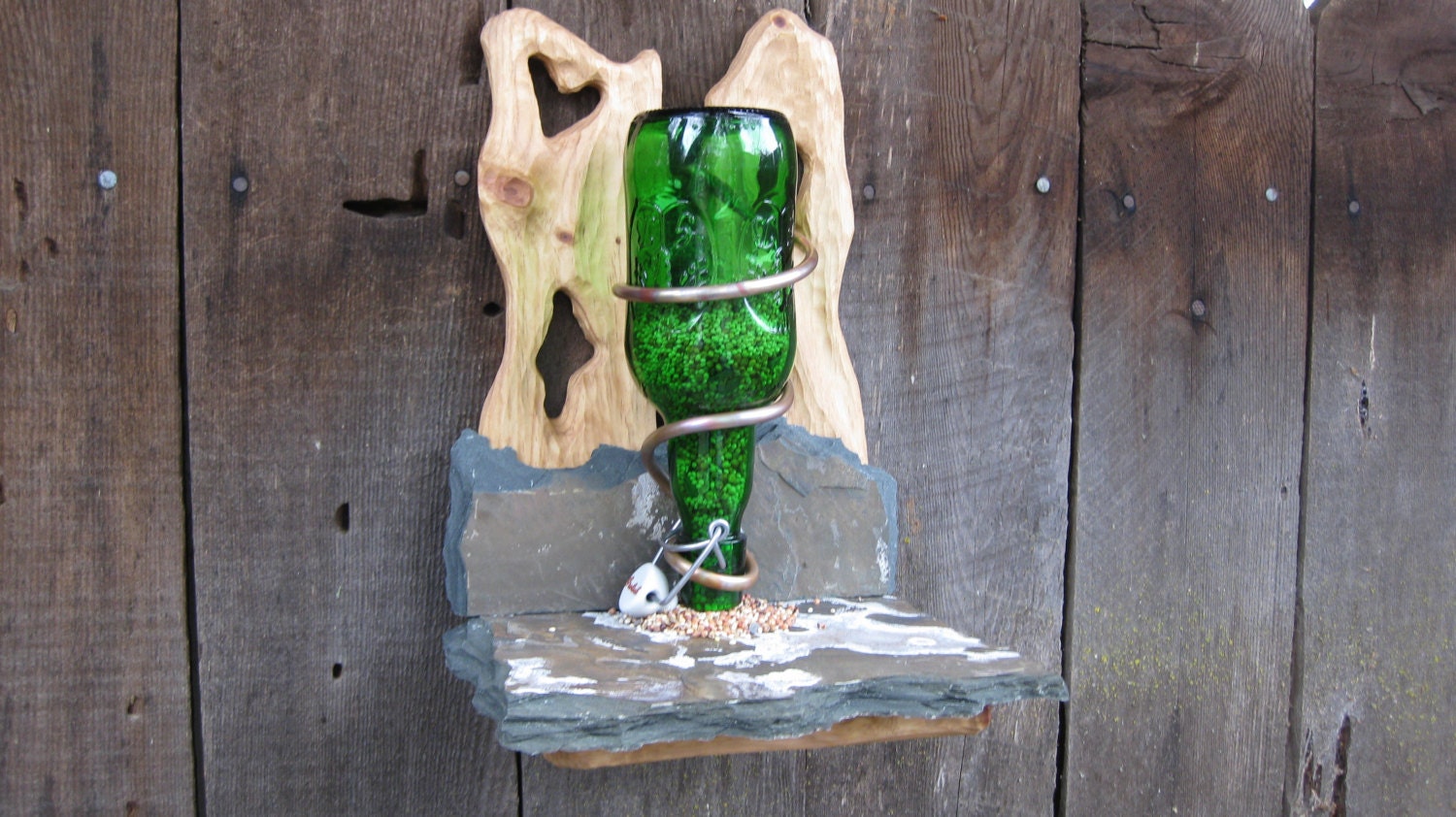 Bird Feeder Sculpted Pine and Rustic Slate With Beer Bottle