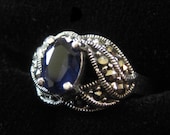 Sterling Marcasite Blue Stone Ring Size 6