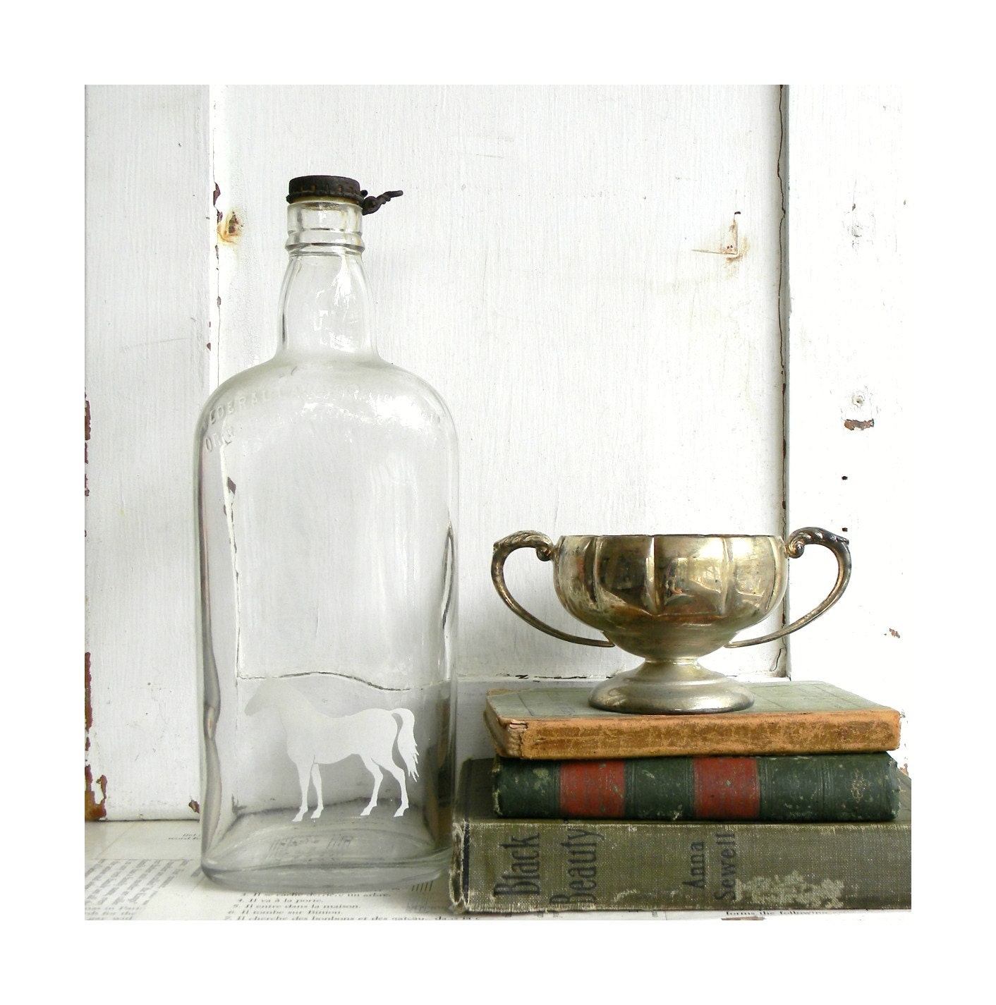 vintage white horse glass bottle