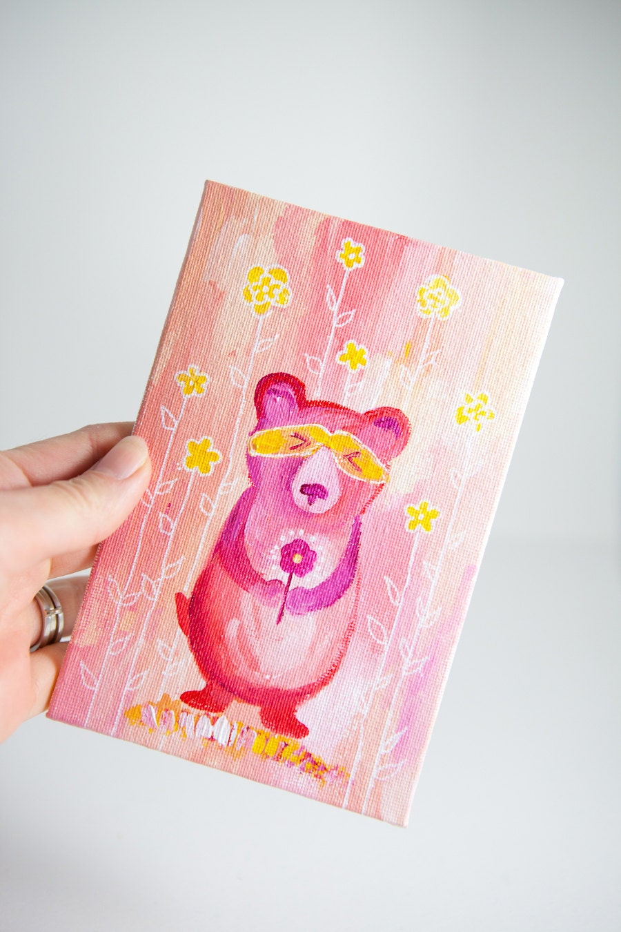 Pink Bear Totem, Miniature Painting, Whimsical Small Art, Children's Animal Character, Girl - Original Mini Painting by Kimberly Kling
