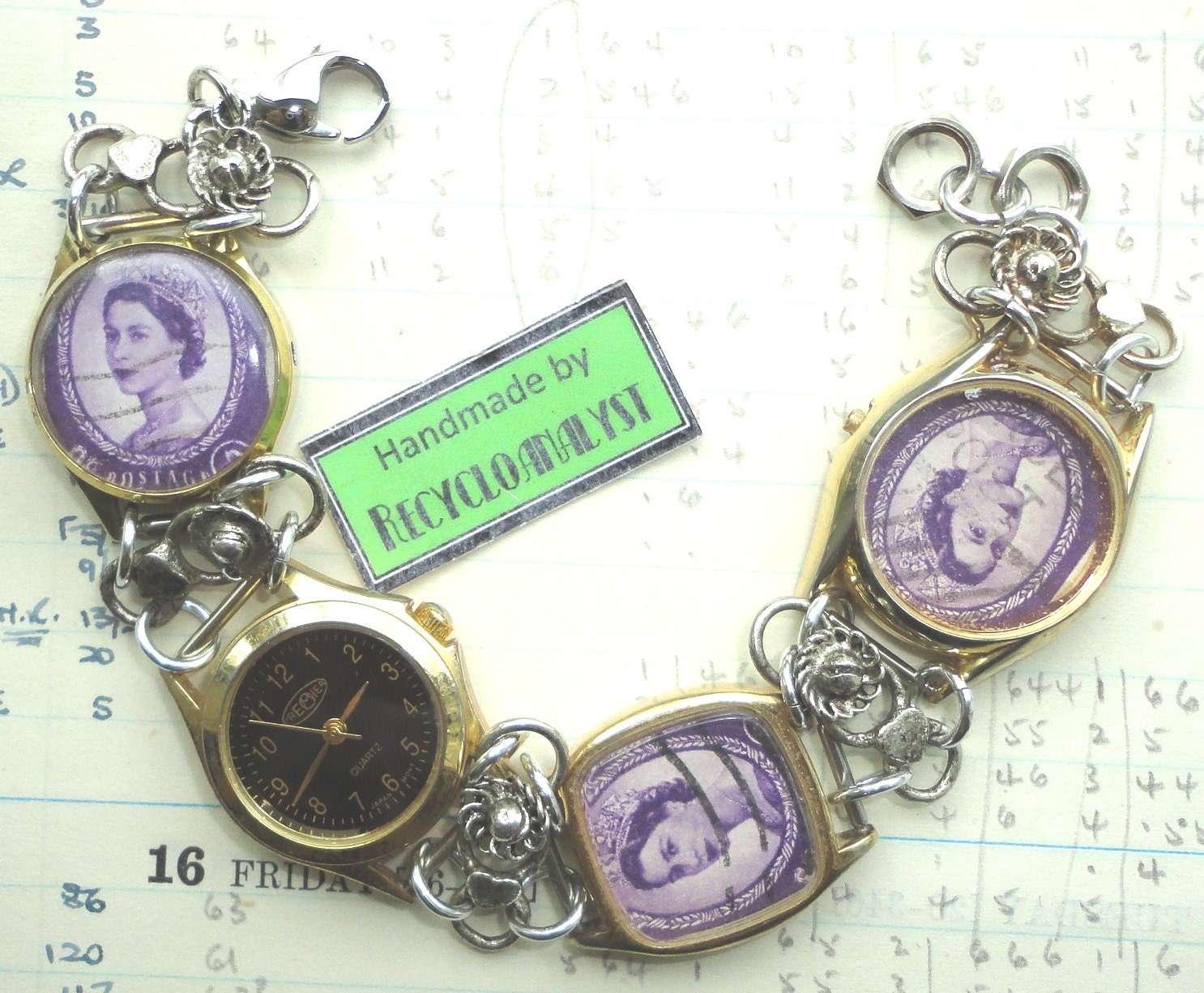 Handmade Recycled Watches Bracelet with Working Watch and Recycled Vintage Postage Stamps,Eco Friendly Jewellery