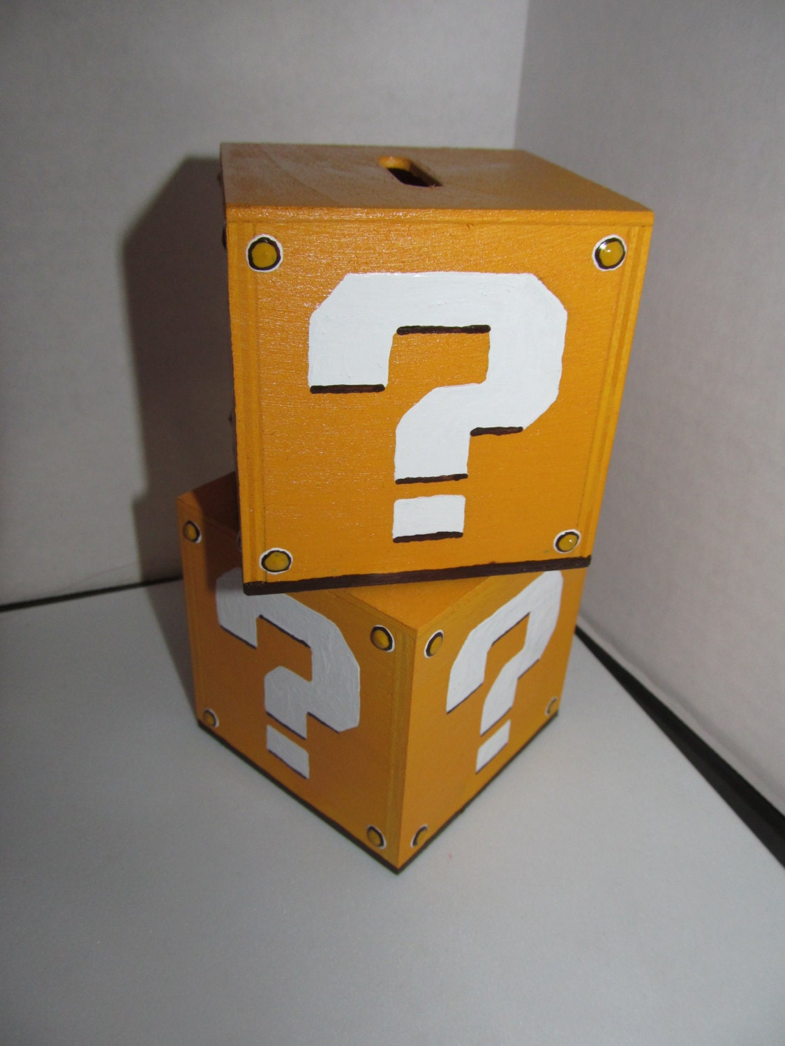 New Super Mario Bros style question mark block handpainted wooden coin bank