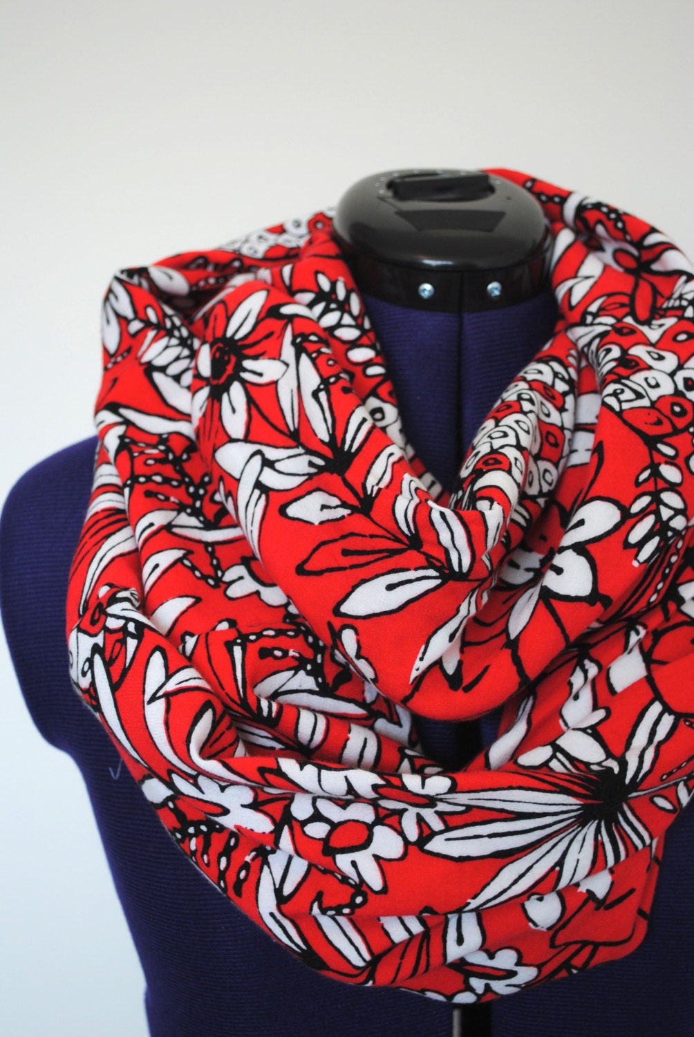 Red Floral Infinity Loop Scarf - long soft cloth