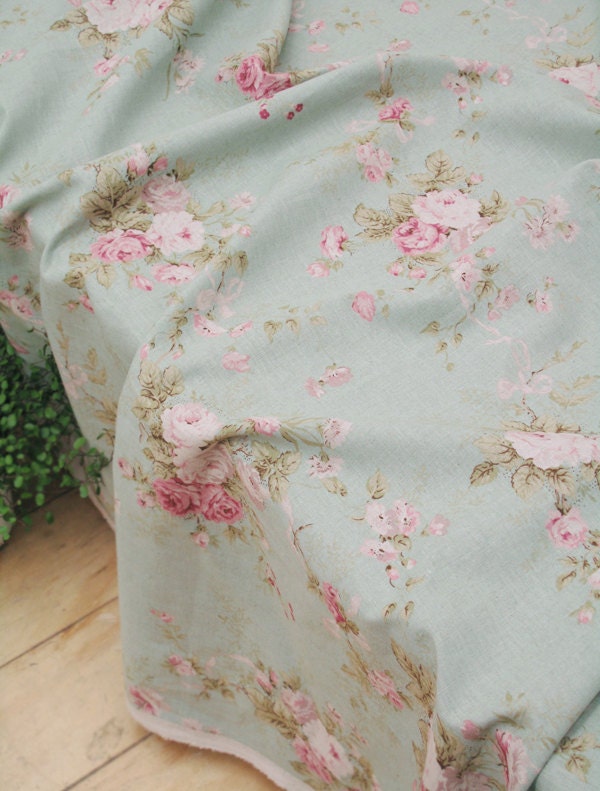 A Yard of Watercolor Floral on green linen blended Wide 140cm, U6043