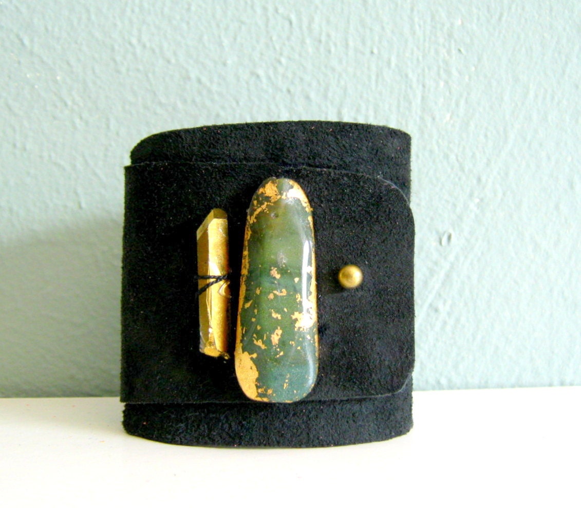 30% off sale suede cuff bracelet - black suede with gilded gemstones - wrap style cuff
