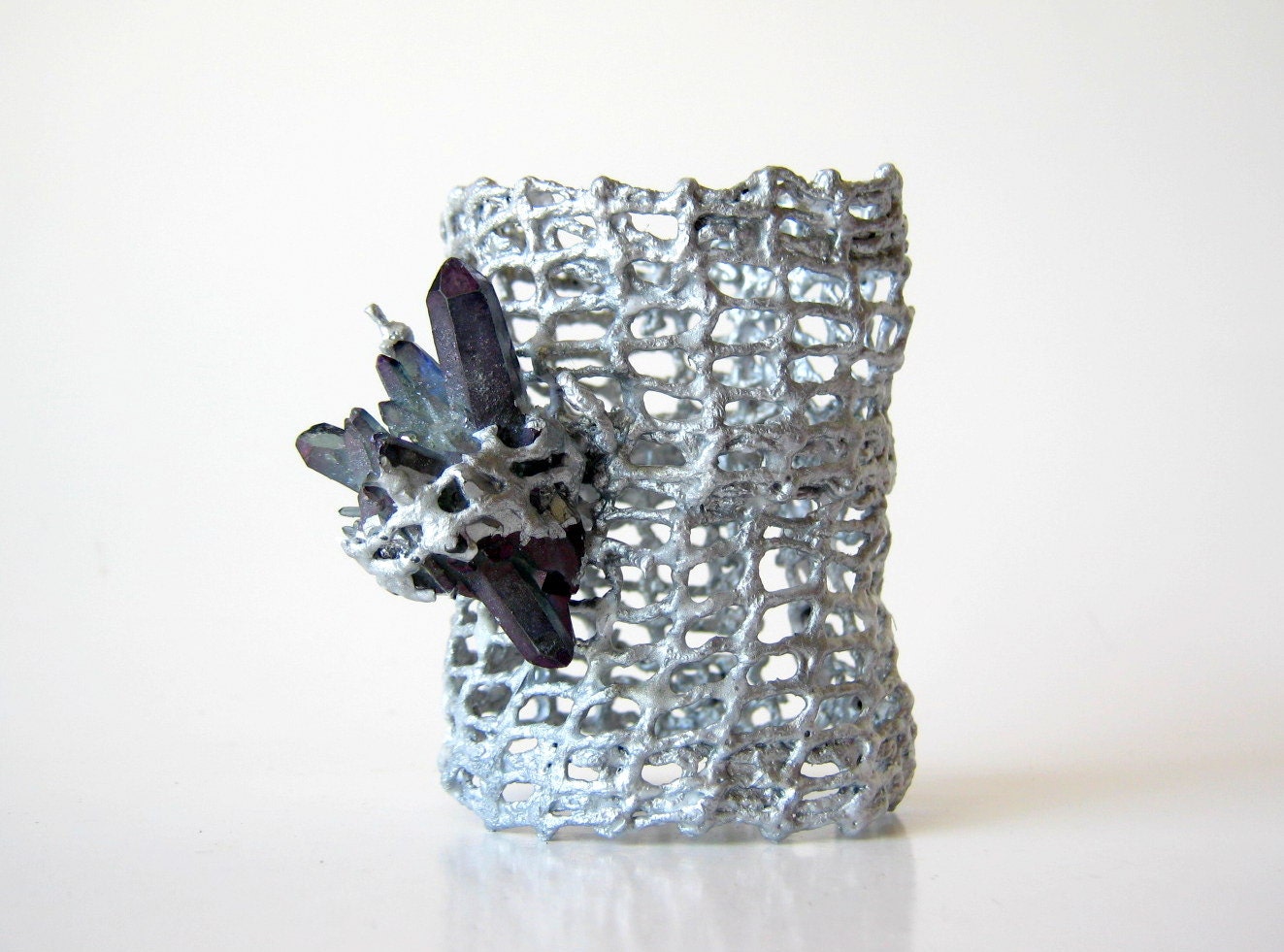 platinum mesh cuff bracelet with cluster of crystal quartz points