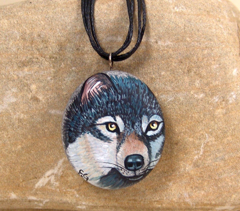 Wolf, hand painted rock pendant