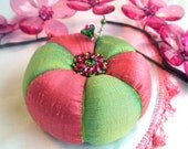 Pincushion, Silk and Sparkle Pink and Green Pincushion