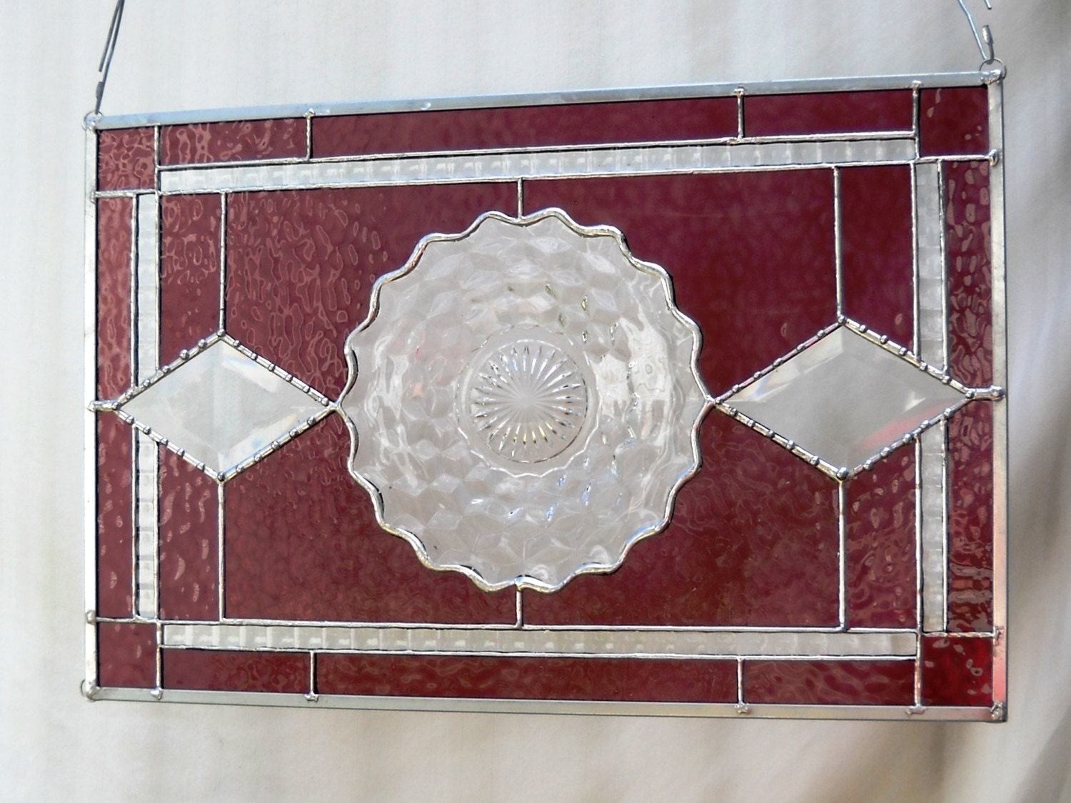 Fostoria American Stained Glass Panel Depression Glass Plate Window Hanging with Vintage Dish