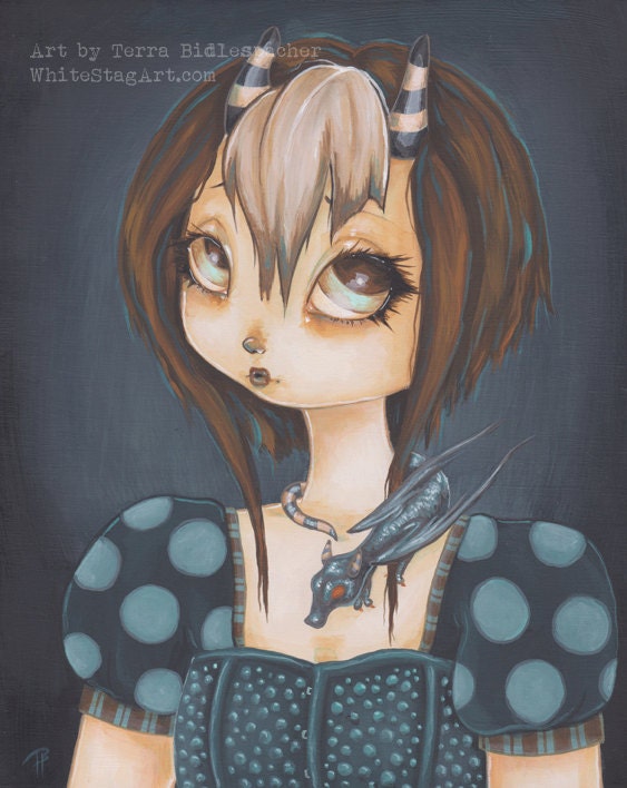 Dragon Kin -Alessa-  5"by7"  FAIRY goth with dragon and stripes Blue polkadot