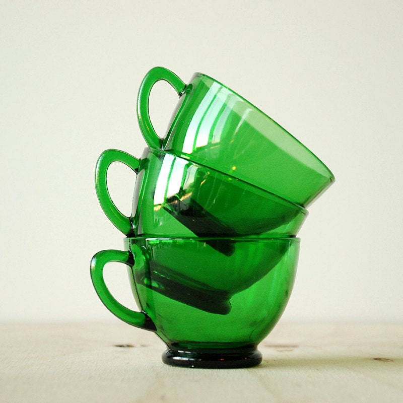 Fire King Charm Tea Cups - 1950's Green Glass - Set of 3