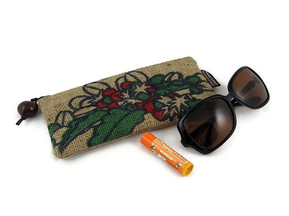 Burlap Zipper Pouch. Recycled Kona USA Coffee Bag. Beans and Cherry. Handmade in Hawaii.