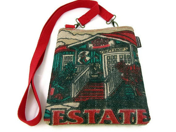 Burlap Mini-Messenger Bag, Cross Body Bag. Kauai Gift Shop. Alfred Shaheen.   Handmade in Hawaii.