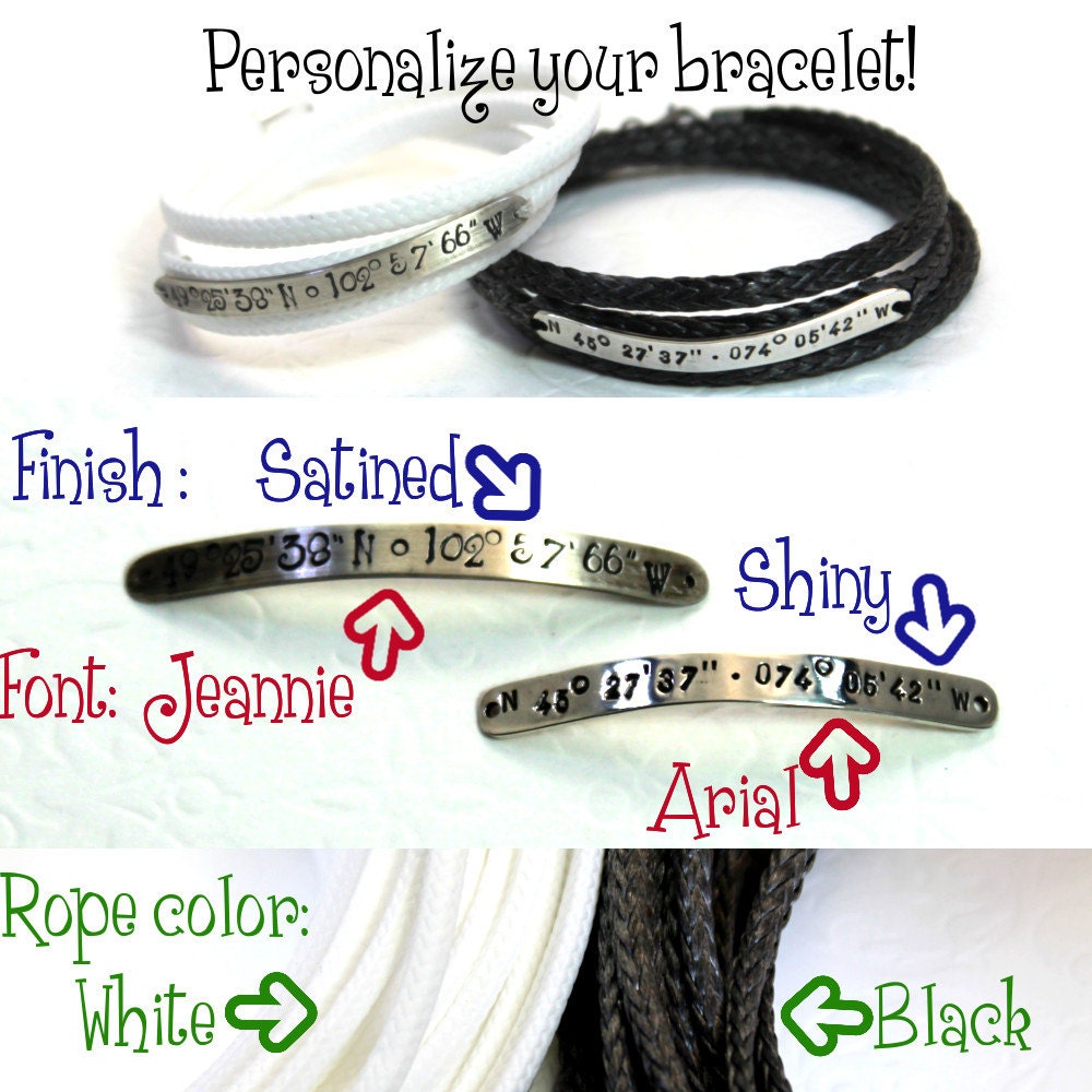 3 turns spectra bracelet, 5mm wide silver plate with longitude latitude engraved