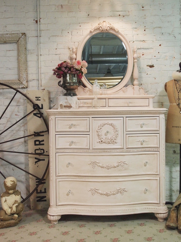 Painted Cottage Chic Pink Romantic Dresser and Mirror CH53