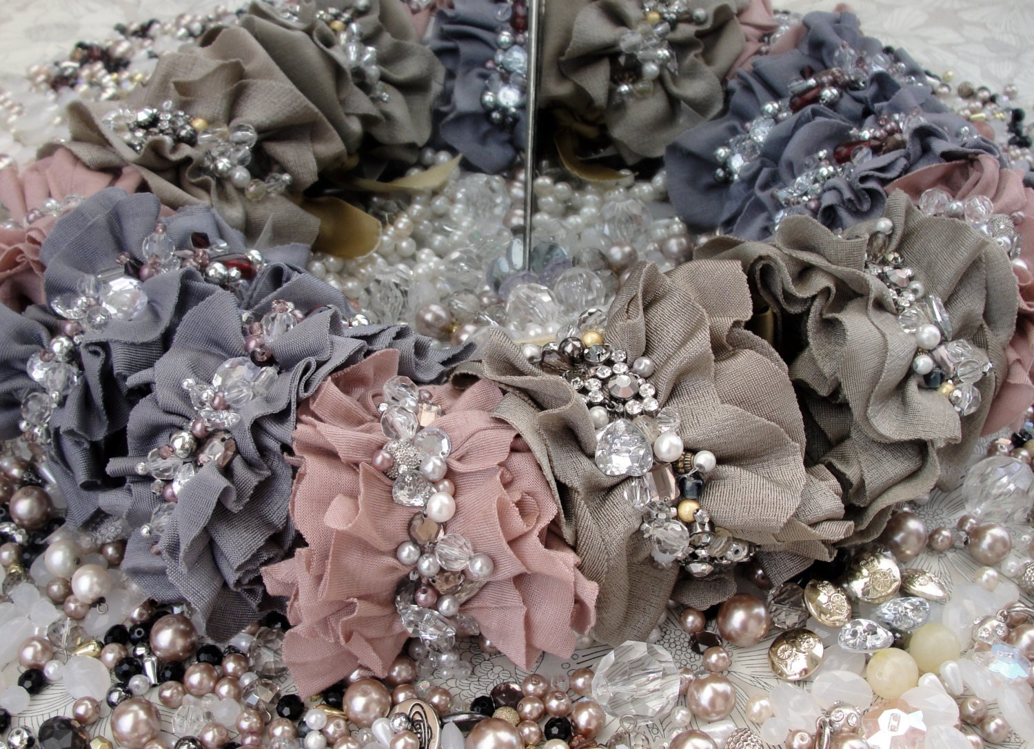 WEDDING CUFF - OOAK fabric and lace cuff with unique abstract beading by Fairytale13 - silver, black lace, pink, cream, ivory