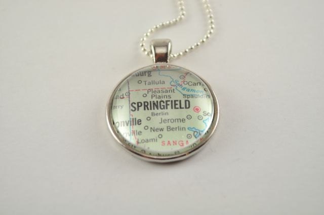 Map Pendant Necklace from Vintage Atlas SPRINGFIELD Illinois